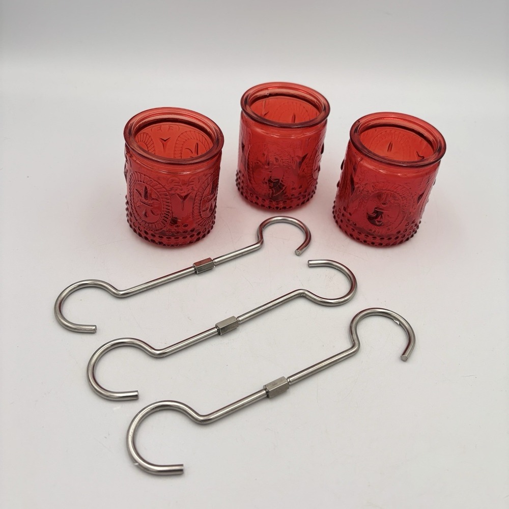 Ant Moat for Hummingbird Feeder Beautiful Ornate Red Glass Set Of 3 W/ Hangers